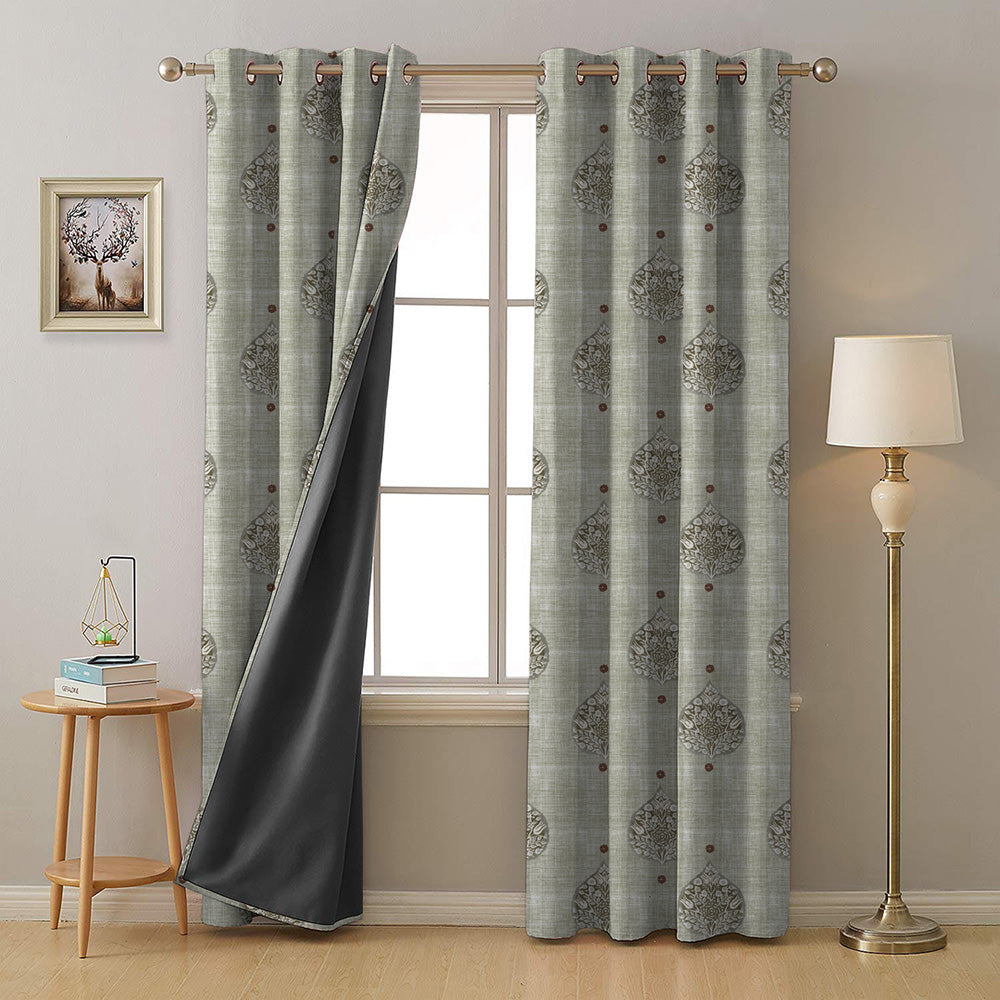Leafy Charms Indie Sage Green Heavy Satin Blackout curtains Set Of 2 - (DS347D)
