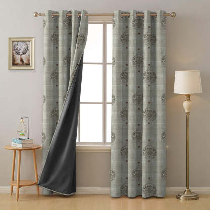 Leafy Charms Indie Sage Green Heavy Satin Blackout curtains Set Of 2 - (DS347D)
