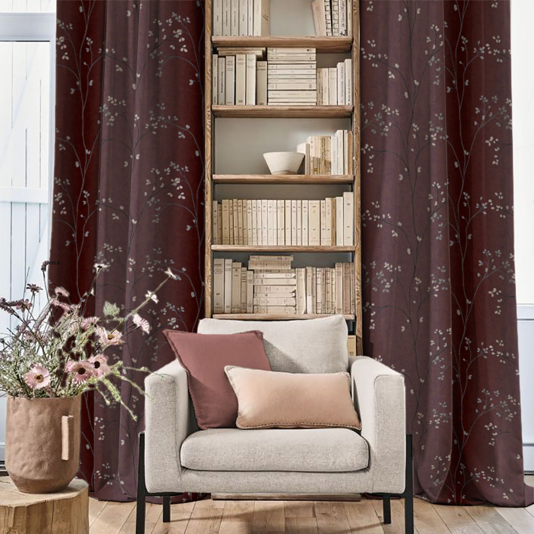 Mini Floral Trellis Floral Maroon Heavy Satin Blackout curtains Set Of 2 - (DS357B)