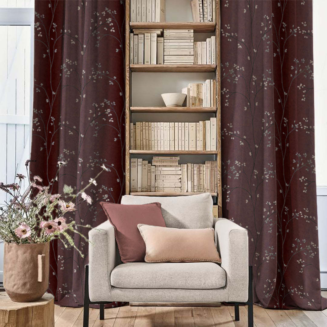 Mini Floral Trellis Floral Maroon Heavy Satin Blackout curtains Set Of 2 - (DS357B)