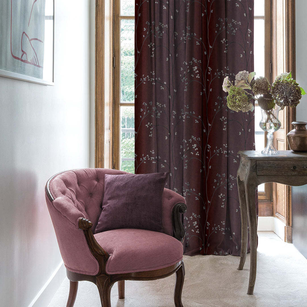 Mini Floral Trellis Floral Maroon Heavy Satin Blackout curtains Set Of 2 - (DS357B)