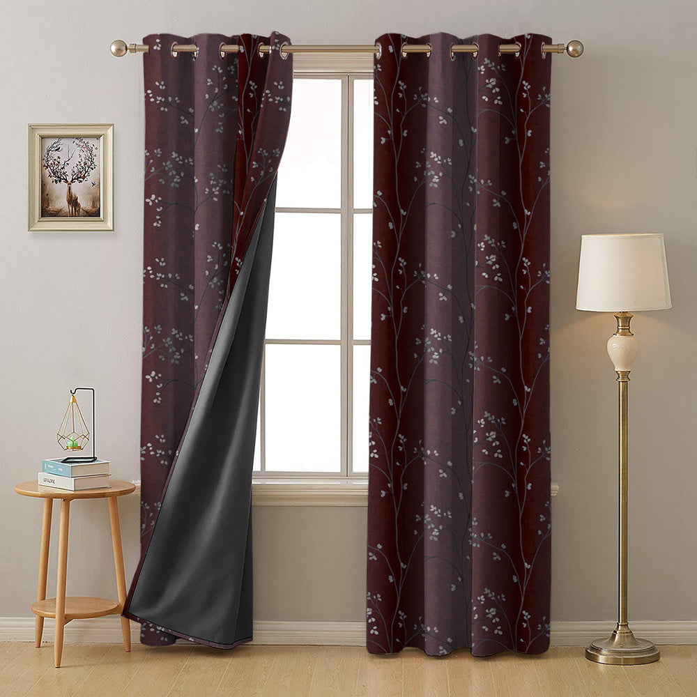 Mini Floral Trellis Floral Maroon Heavy Satin Blackout curtains Set Of 2 - (DS357B)
