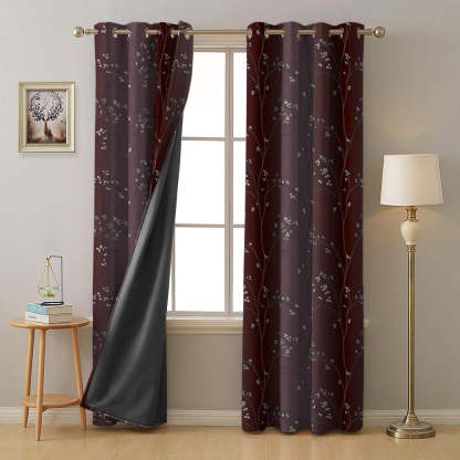 Mini Floral Trellis Floral Maroon Heavy Satin Blackout curtains Set Of 2 - (DS357B)