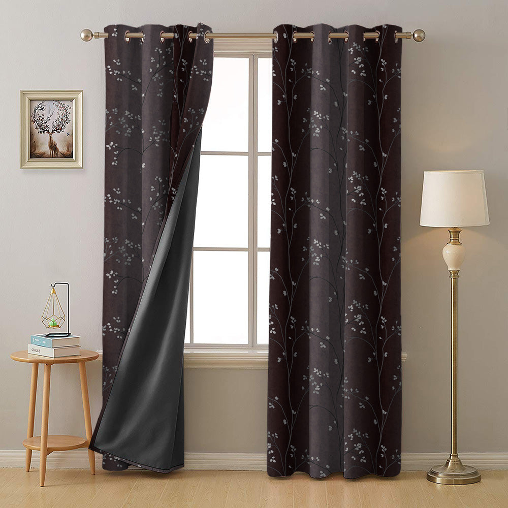 Mini Floral Trellis Floral Chocolate Brown Heavy Satin Blackout curtains Set Of 2 - (DS357C)