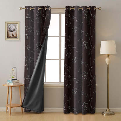 Mini Floral Trellis Floral Chocolate Brown Heavy Satin Blackout curtains Set Of 2 - (DS357C)