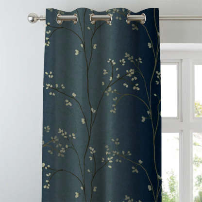 Mini Floral Trellis Floral Midnight Blue Heavy Satin Room Darkening Curtains Set Of 2 - (DS357D)
