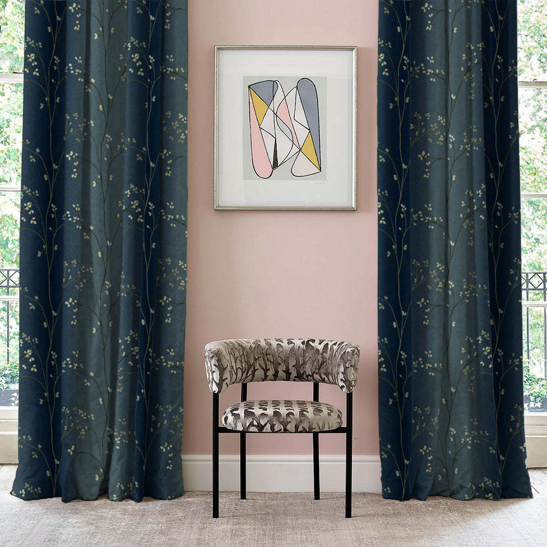 Mini Floral Trellis Floral Midnight Blue Heavy Satin Room Darkening Curtains Set Of 2 - (DS357D)