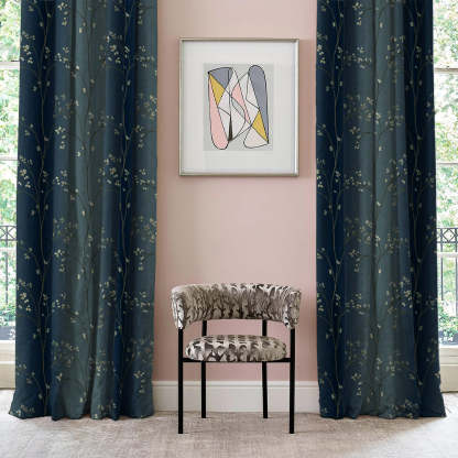 Mini Floral Trellis Floral Midnight Blue Heavy Satin Room Darkening Curtains Set Of 2 - (DS357D)
