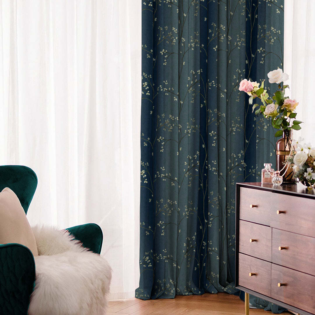 Mini Floral Trellis Floral Midnight Blue Heavy Satin Room Darkening Curtains Set Of 2 - (DS357D)