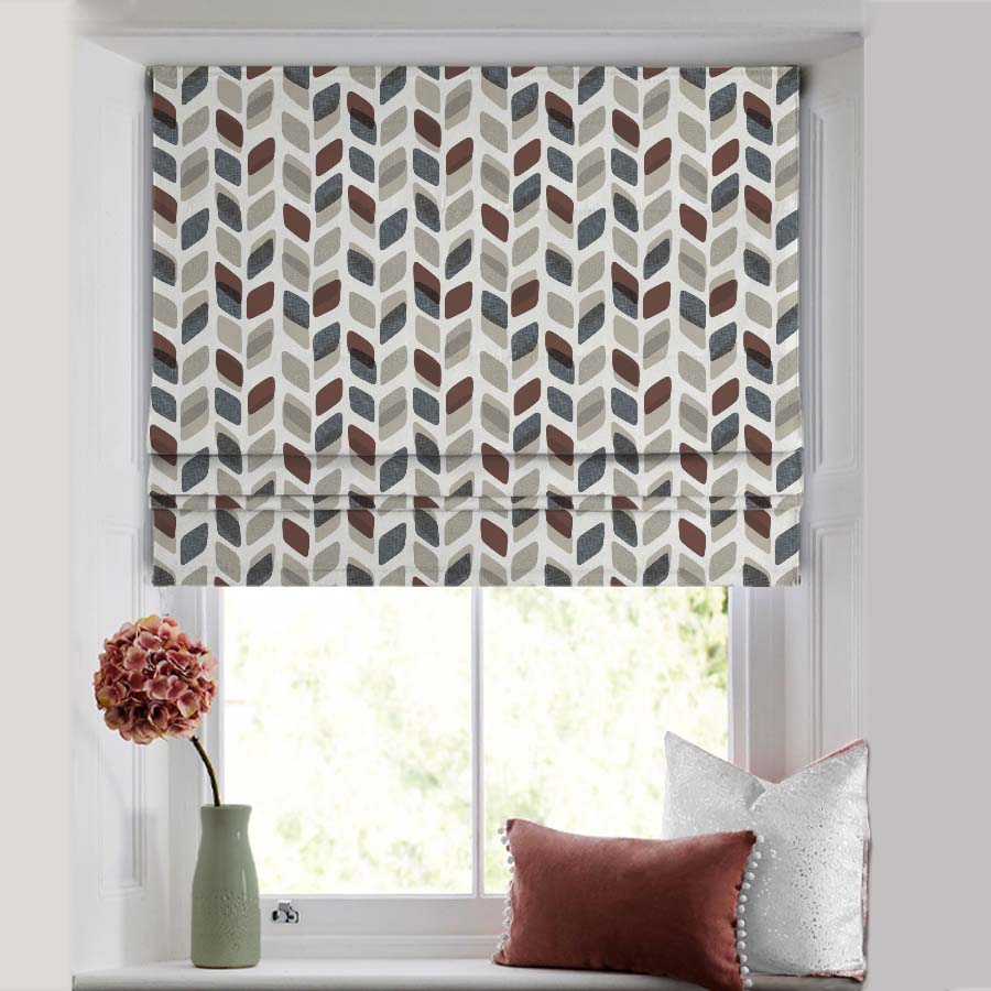 Abstract Cubes Geometric Coffee Brown Satin Roman Blind (DS395B)