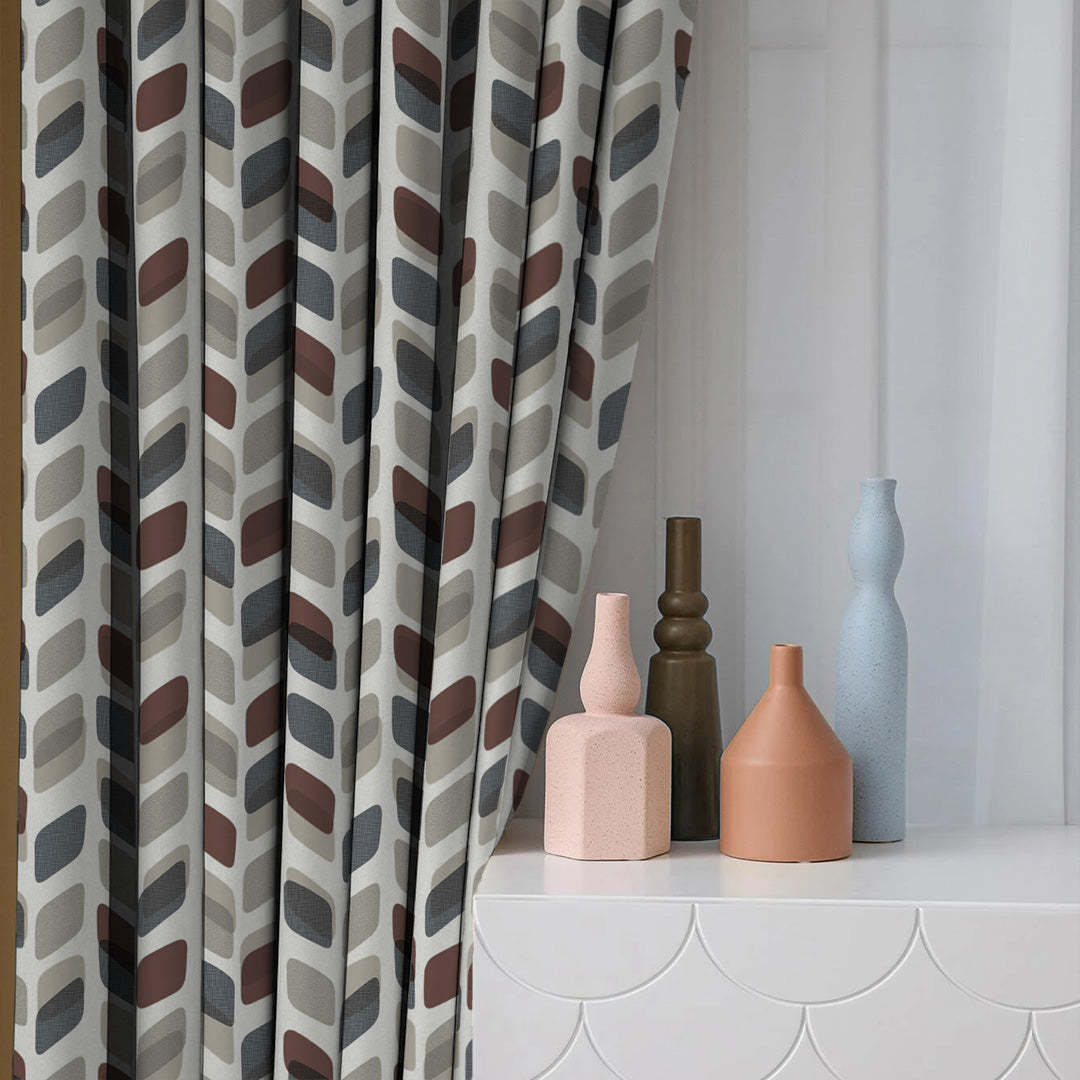 Abstract Cubes Geometric Coffee Brown Heavy Satin Room Darkening Curtains Set Of 2 - (DS395B)