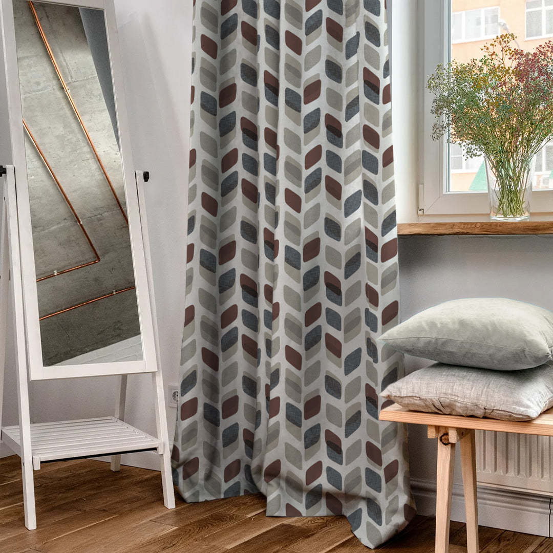 Abstract Cubes Geometric Coffee Brown Heavy Satin Room Darkening Curtains Set Of 2 - (DS395B)