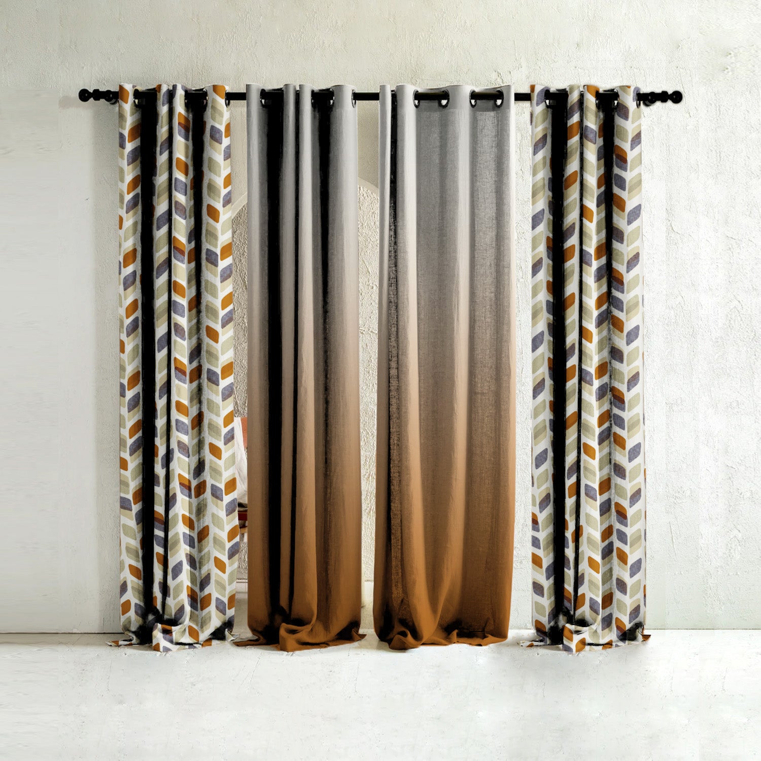 Geometric Illusions Floral & Ombre Print Combination Room Darkening Curtains Set Of 4 Door Curtain - (395DOMBRE22)