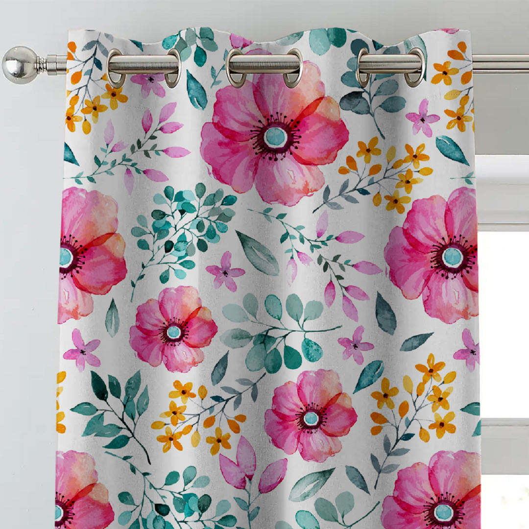 Botanical Bliss Floral Pink Heavy Satin Blackout Curtains Set Of 2 - (DS3A)