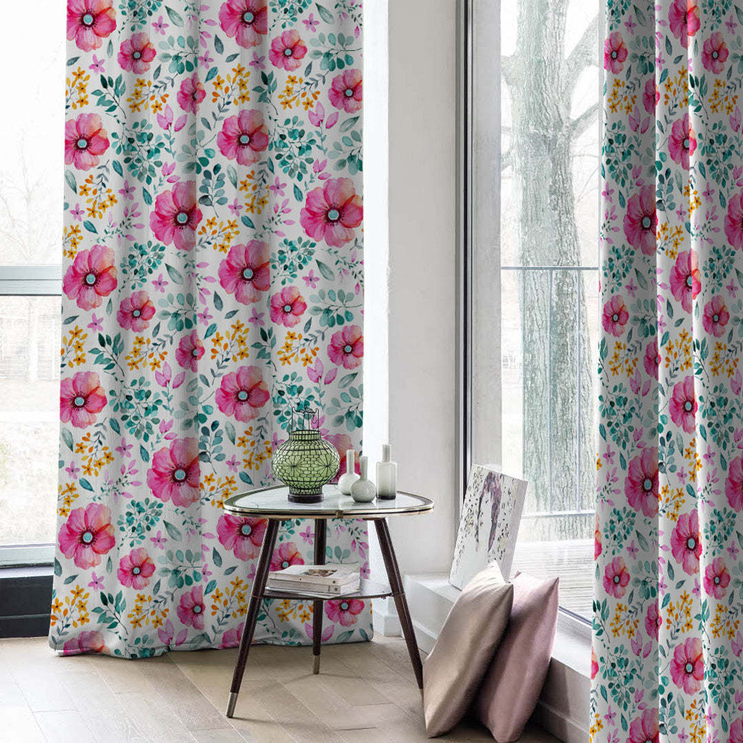 Botanical Bliss Floral Pink Heavy Satin Blackout Curtains Set Of 2 - (DS3A)