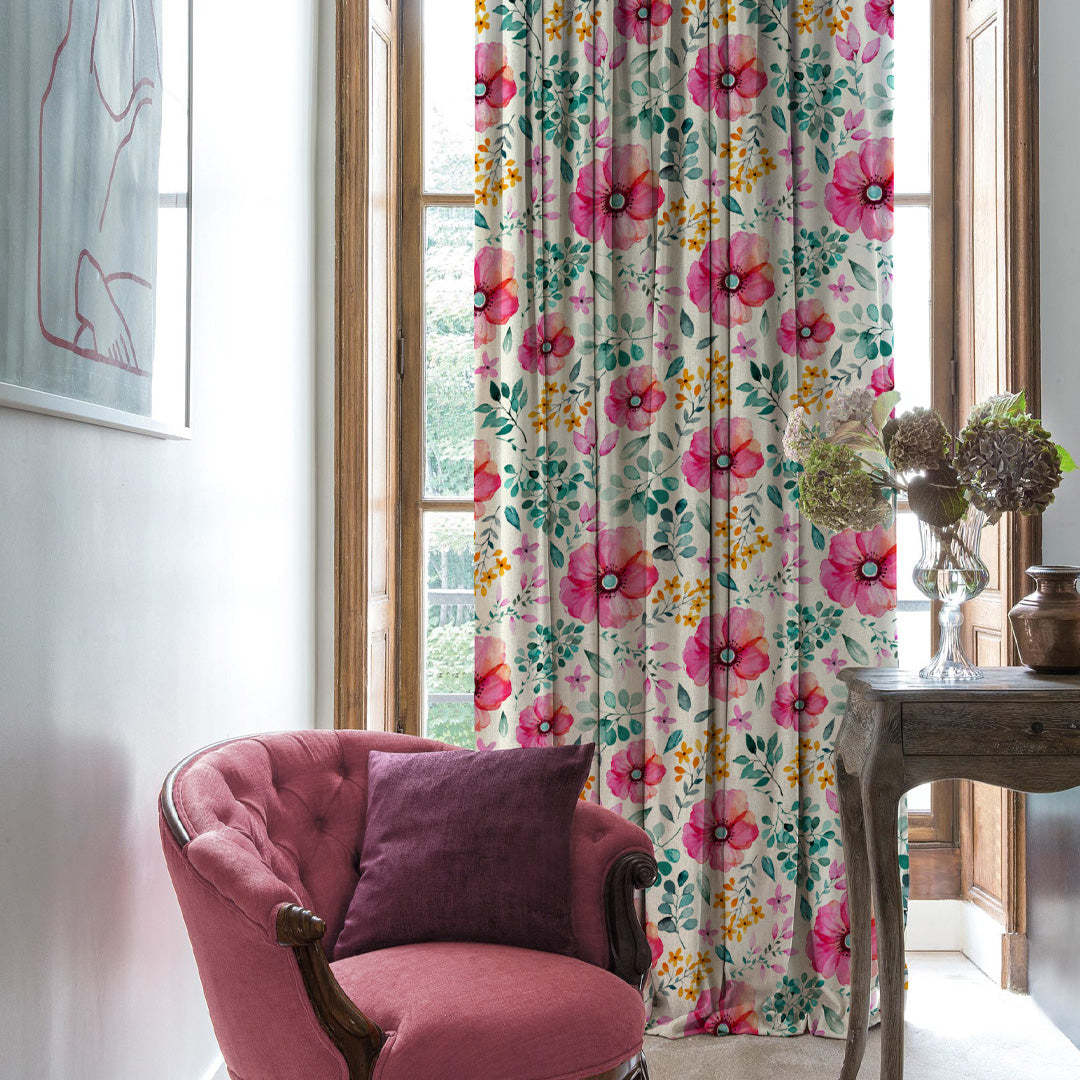 Botanical Bliss Floral Pink Heavy Satin Blackout Curtains Set Of 2 - (DS3A)