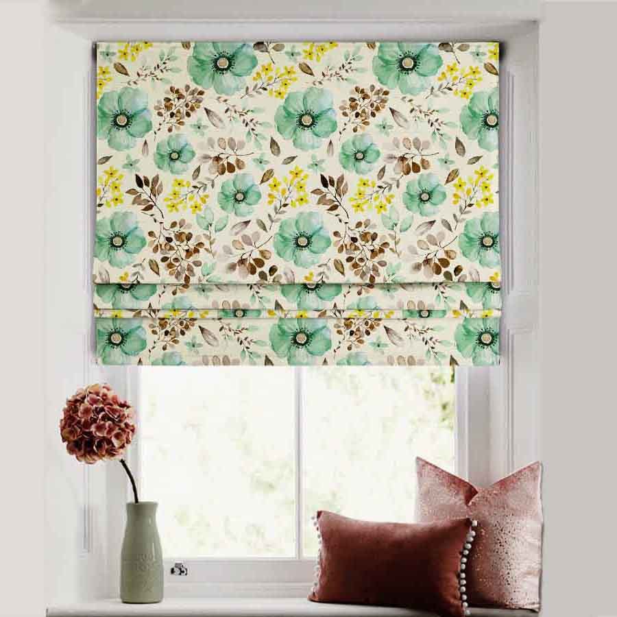 Botanical Bliss Floral Turquoise Satin Roman Blind (DS3D)