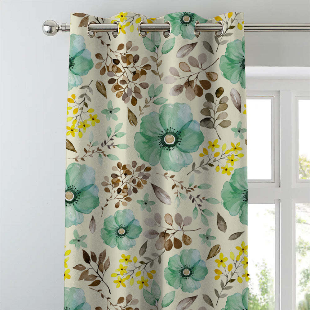 Botanical Bliss Floral Turquoise Heavy Satin Blackout curtains Set Of 2 - (DS3D)