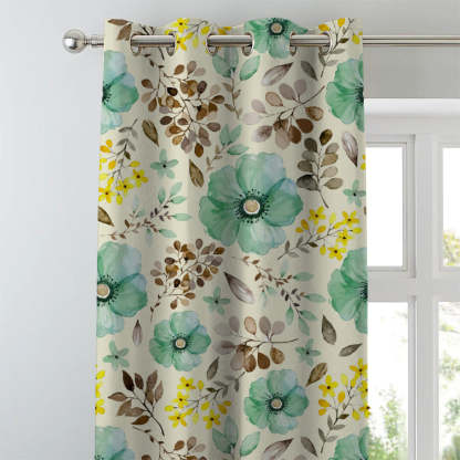 Botanical Bliss Floral Turquoise Heavy Satin Blackout curtains Set Of 2 - (DS3D)