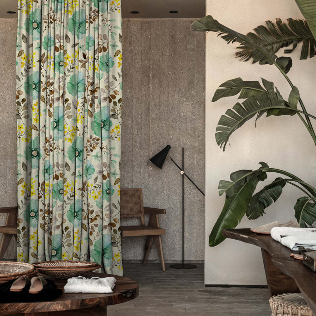 Botanical Bliss Floral Turquoise Heavy Satin Blackout curtains Set Of 2 - (DS3D)