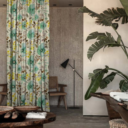 Botanical Bliss Floral Turquoise Heavy Satin Blackout curtains Set Of 2 - (DS3D)