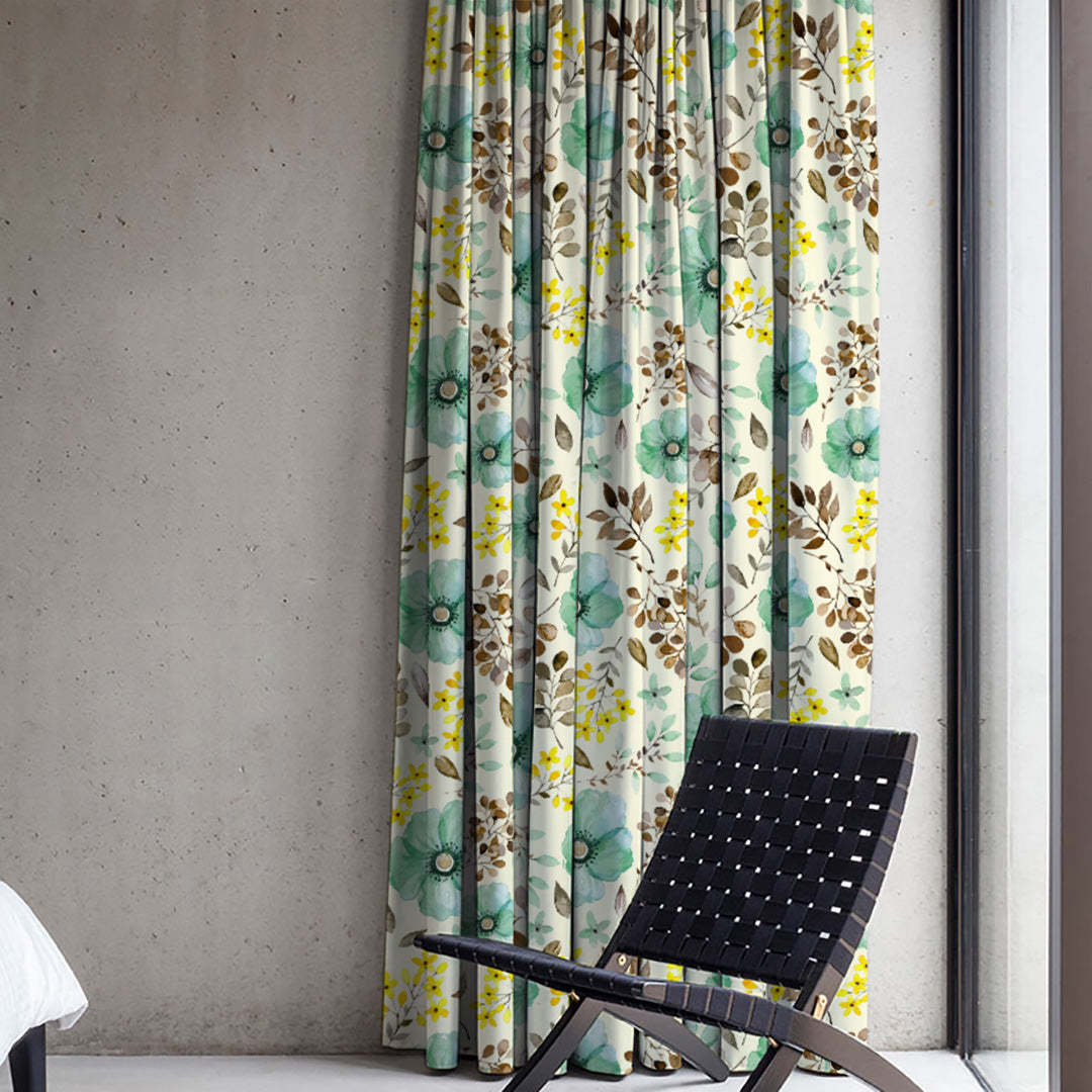 Botanical Bliss Floral Turquoise Heavy Satin Blackout curtains Set Of 2 - (DS3D)