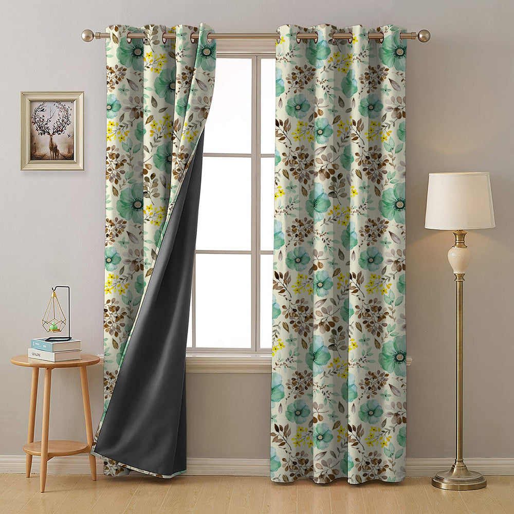 Botanical Bliss Floral Turquoise Heavy Satin Blackout curtains Set Of 2 - (DS3D)