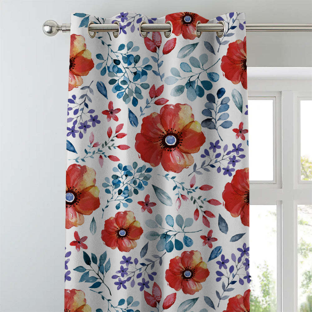 Botanical Bliss Floral Red Heavy Satin Blackout curtains Set Of 2 - (DS3F)