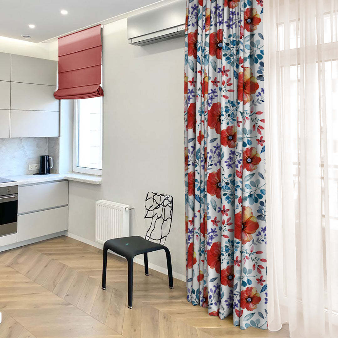 Botanical Bliss Floral Red Heavy Satin Blackout curtains Set Of 2 - (DS3F)