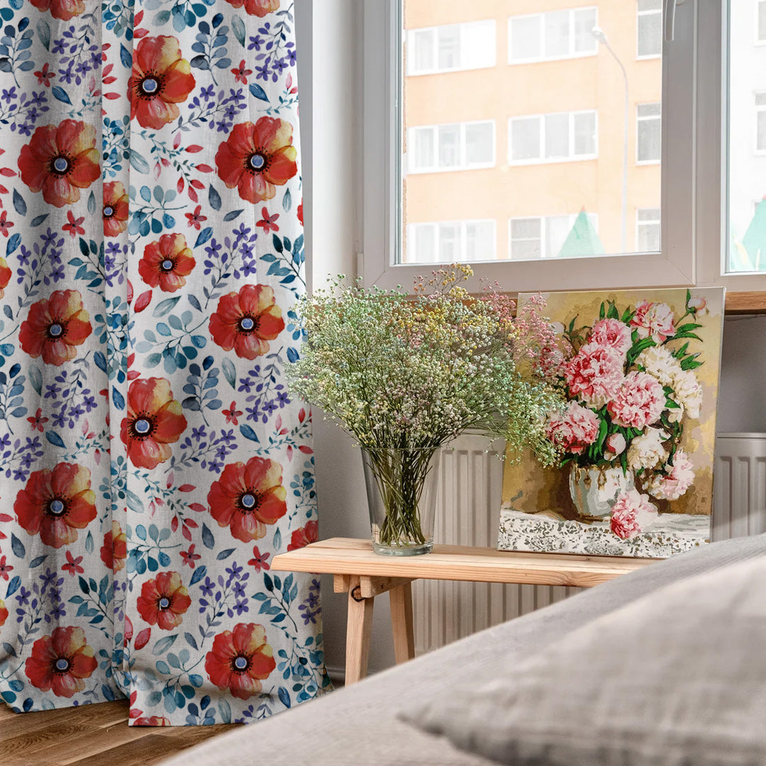 Botanical Bliss Floral Red Heavy Satin Blackout curtains Set Of 2 - (DS3F)