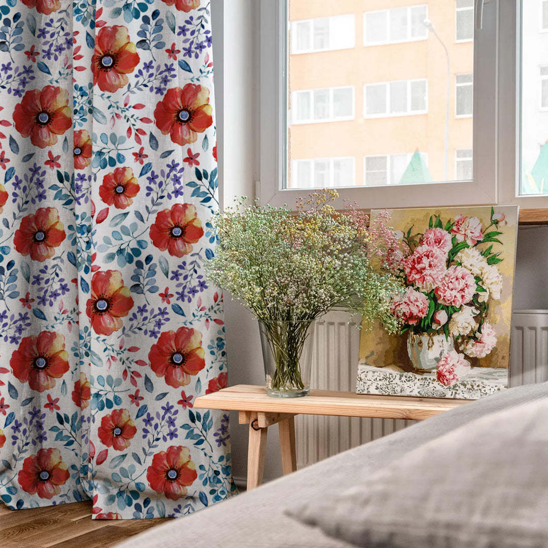 Botanical Bliss Floral Red Heavy Satin Blackout curtains Set Of 2 - (DS3F)