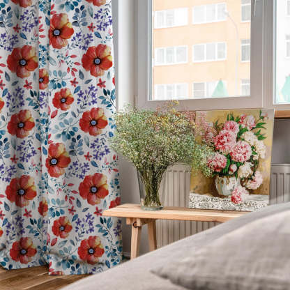 Botanical Bliss Floral Red Heavy Satin Blackout curtains Set Of 2 - (DS3F)