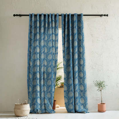 Vines of Heritage Indie Powder Blue Heavy Satin Room Darkening Curtains Set Of 2 - (DS409C)
