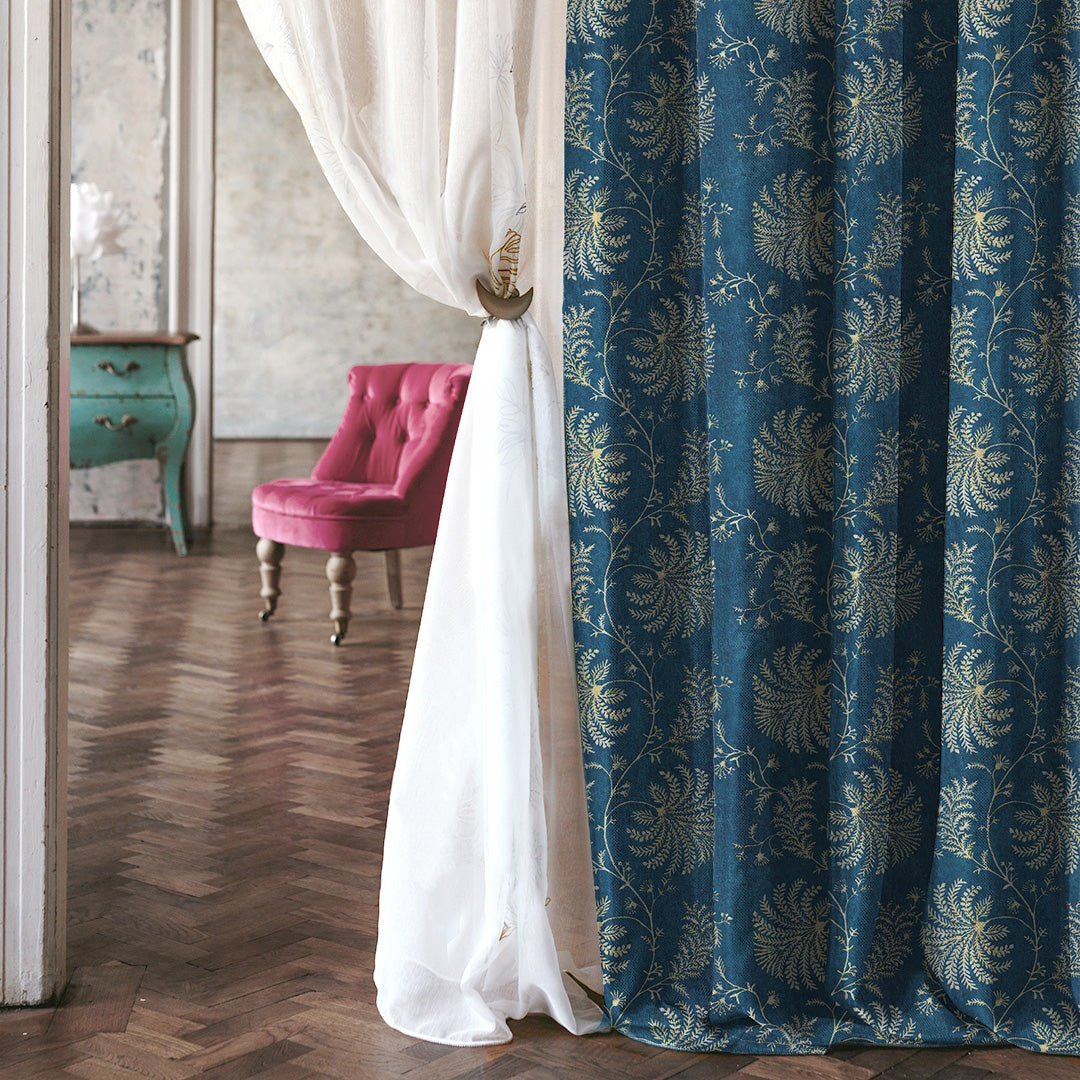 Vines of Heritage Indie Powder Blue Heavy Satin Room Darkening Curtains Set Of 2 - (DS409C)