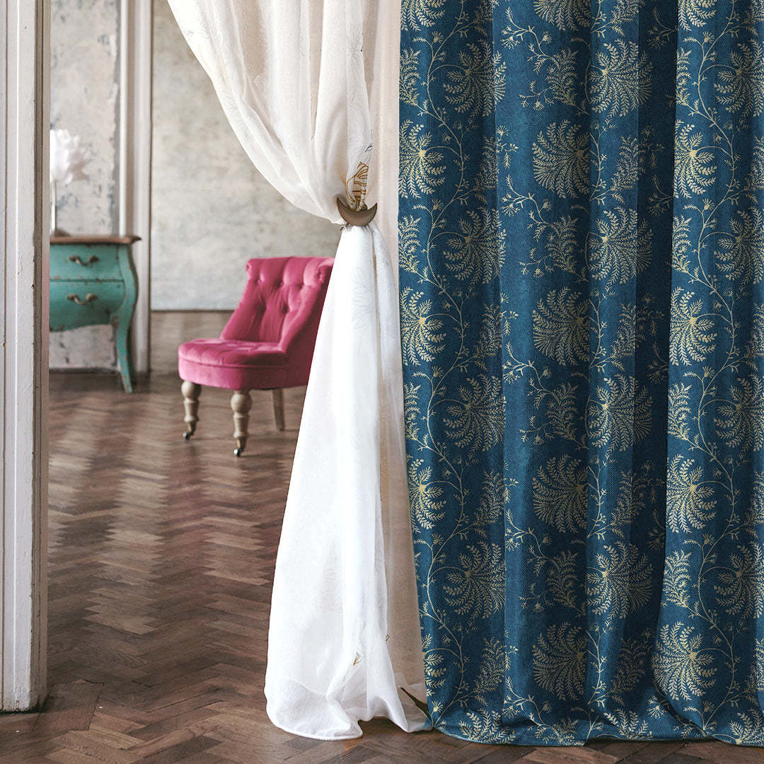 Vines of Heritage Indie Powder Blue Heavy Satin Room Darkening Curtains Set Of 2 - (DS409C)