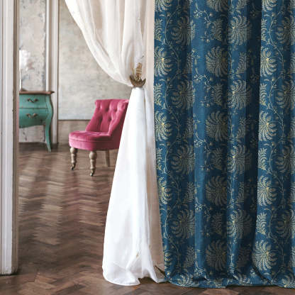 Vines of Heritage Indie Powder Blue Heavy Satin Room Darkening Curtains Set Of 2 - (DS409C)