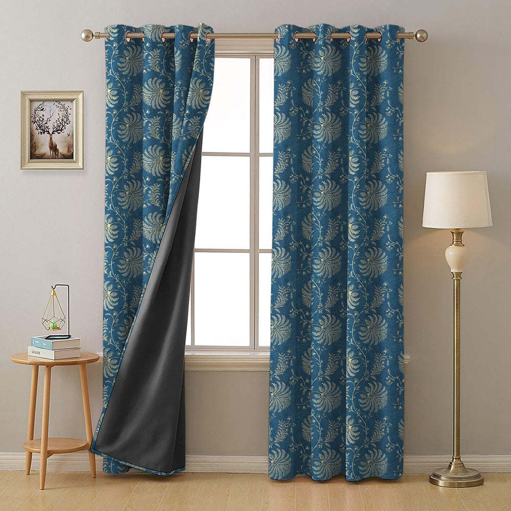 Vines of Heritage Indie Powder Blue Heavy Satin Room Darkening Curtains Set Of 2 - (DS409C)