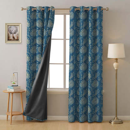 Vines of Heritage Indie Powder Blue Heavy Satin Room Darkening Curtains Set Of 2 - (DS409C)