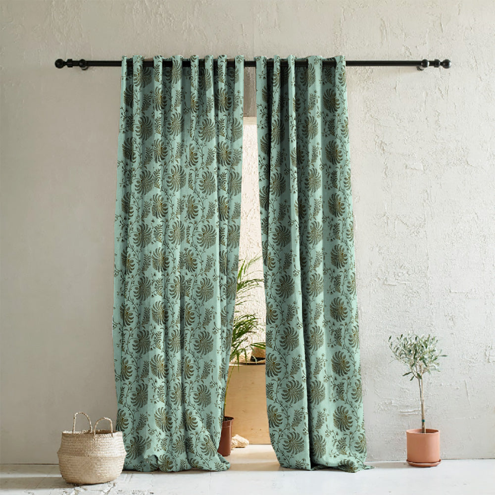 Vines of Heritage Indie Sage Green Heavy Satin Room Darkening Curtains Set Of 2 - (DS409D)