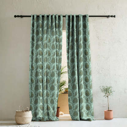 Vines of Heritage Indie Sage Green Heavy Satin Room Darkening Curtains Set Of 2 - (DS409D)