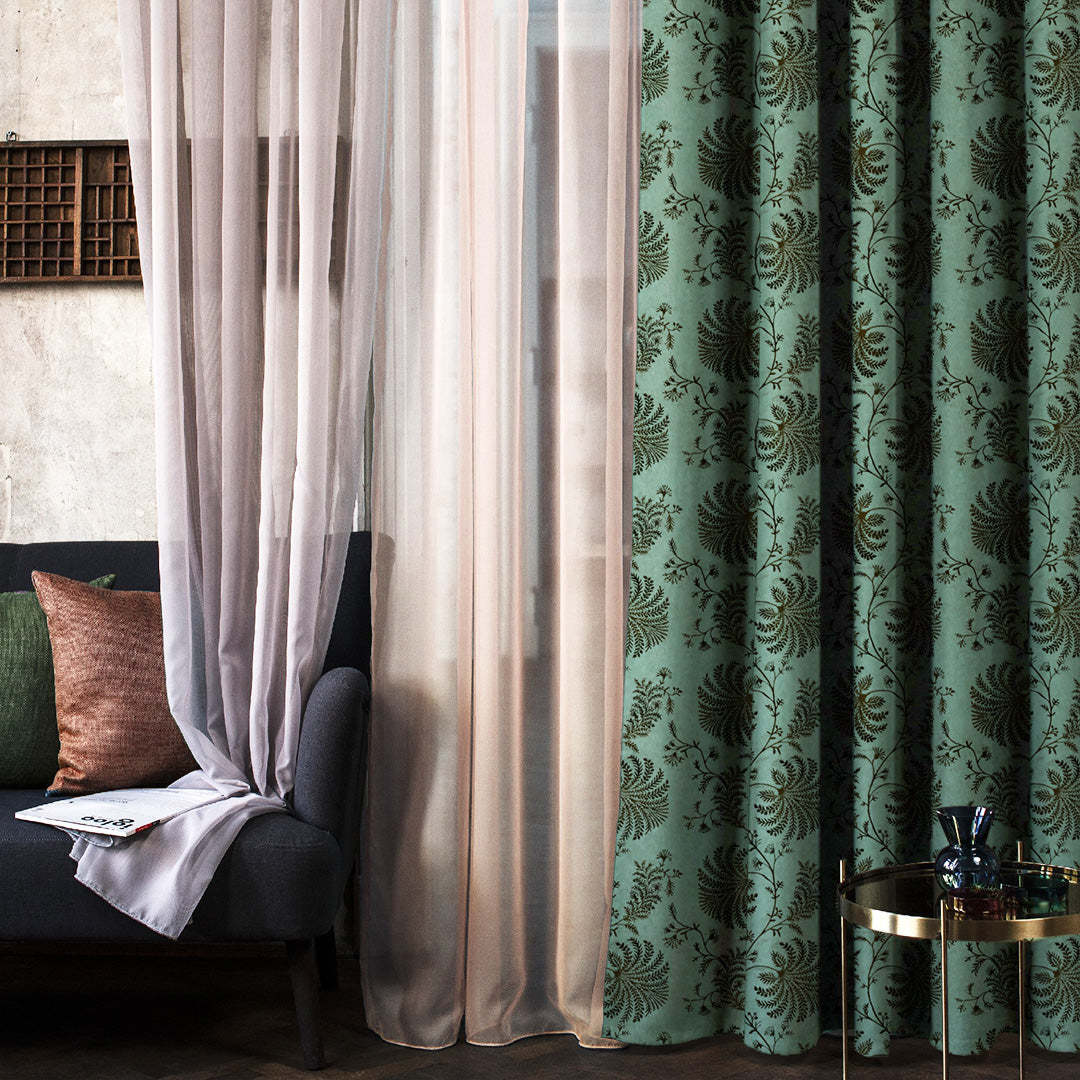 Vines of Heritage Indie Sage Green Heavy Satin Room Darkening Curtains Set Of 2 - (DS409D)