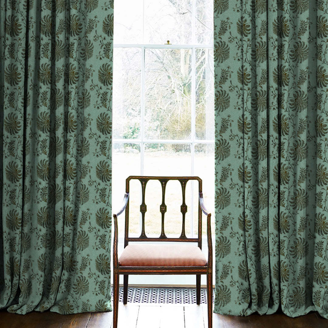 Vines of Heritage Indie Sage Green Heavy Satin Room Darkening Curtains Set Of 2 - (DS409D)