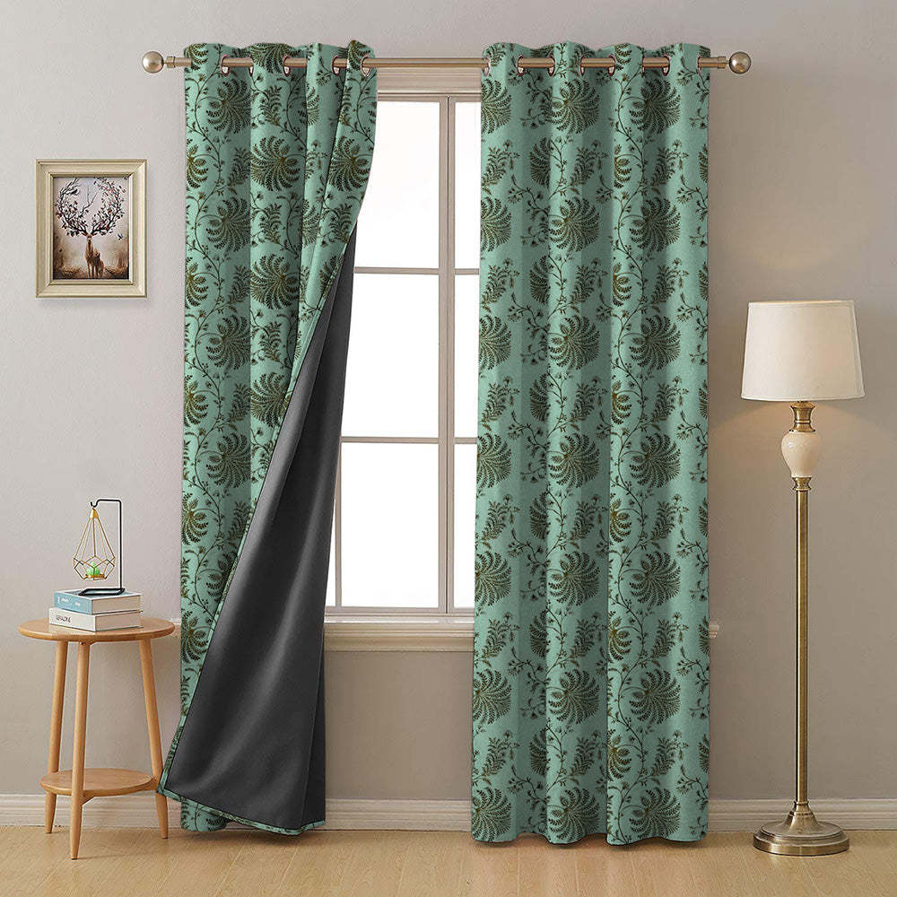 Vines of Heritage Indie Sage Green Heavy Satin Room Darkening Curtains Set Of 2 - (DS409D)