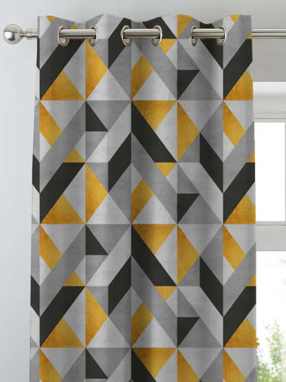 Shape Symphony Geometric Sunshine Yellow Heavy Satin Blackout Curtains Set Of 2 - (DS416A)