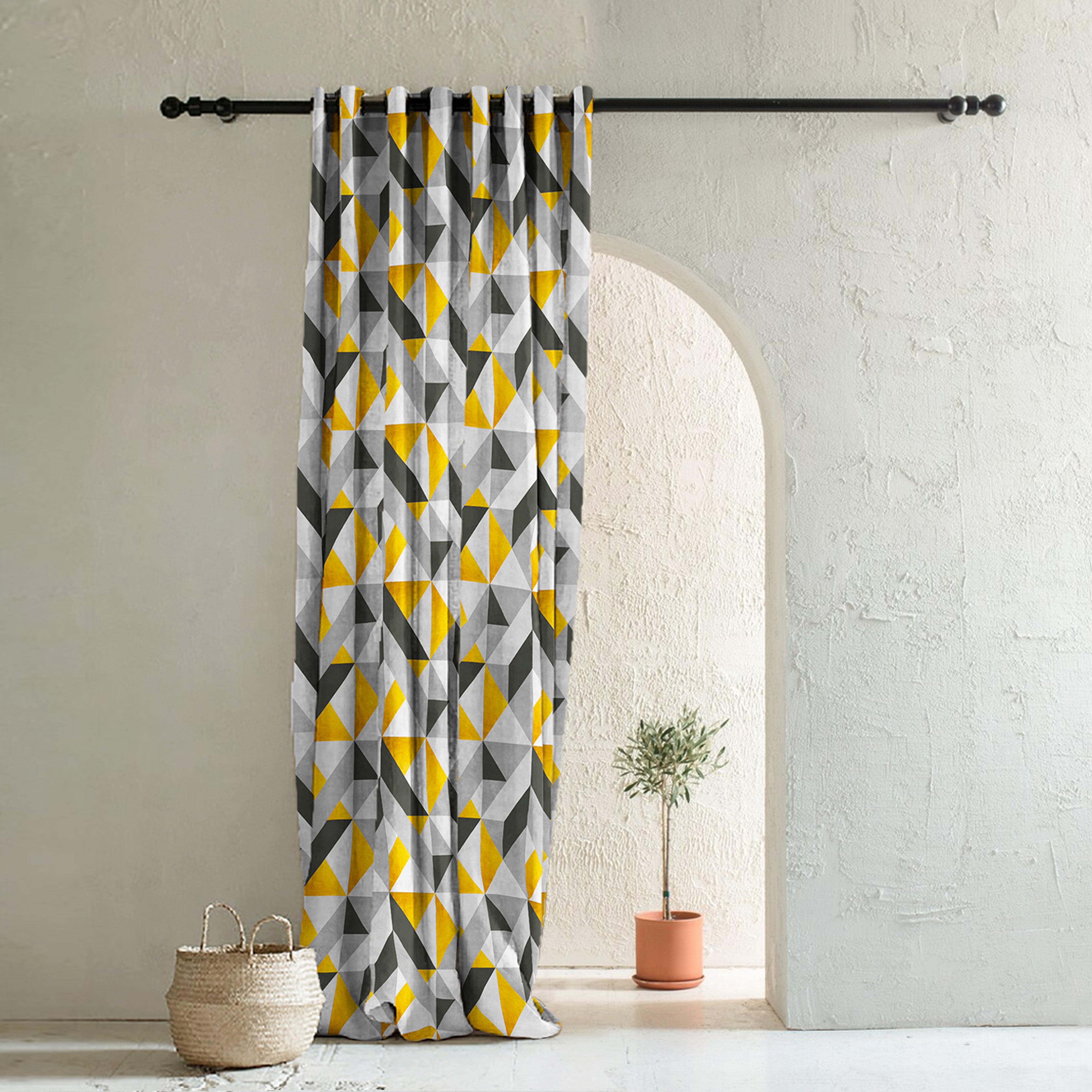 Shape Symphony Geometric Sunshine Yellow Heavy Satin Blackout Curtains Set Of 2 - (DS416A)