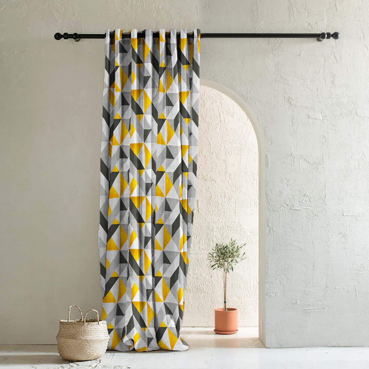 Shape Symphony Geometric Sunshine Yellow Heavy Satin Blackout Curtains Set Of 2 - (DS416A)