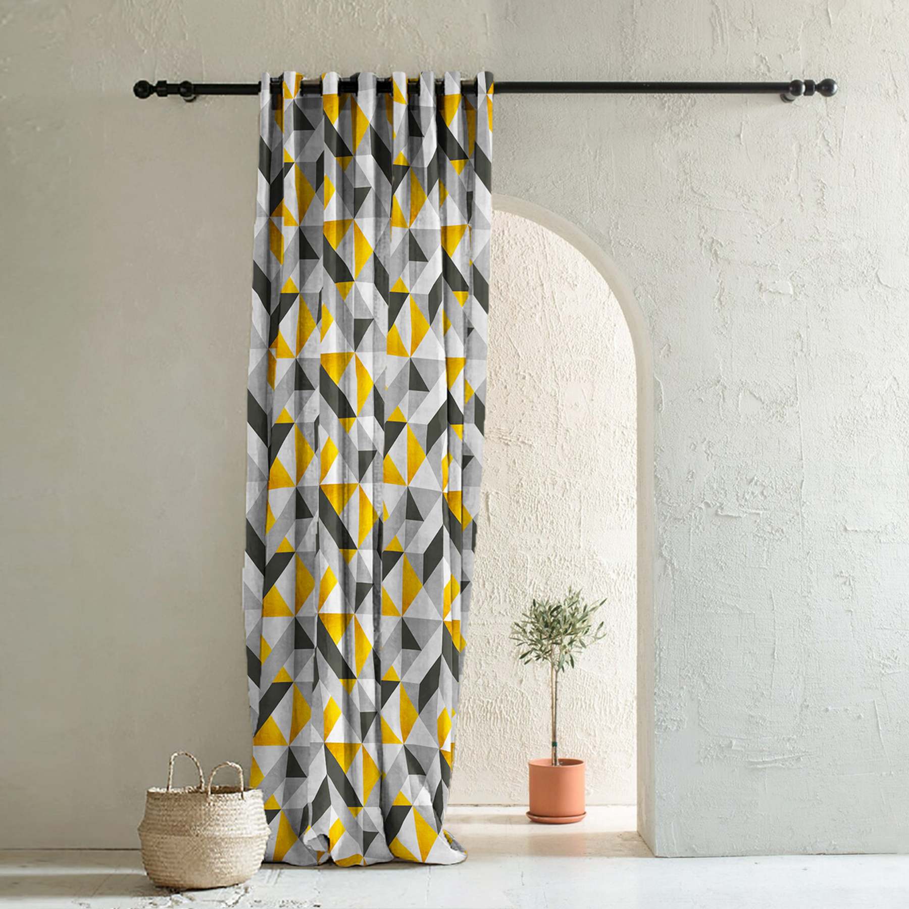 Shape Symphony Geometric Sunshine Yellow Heavy Satin Blackout Curtains Set Of 2 - (DS416A)
