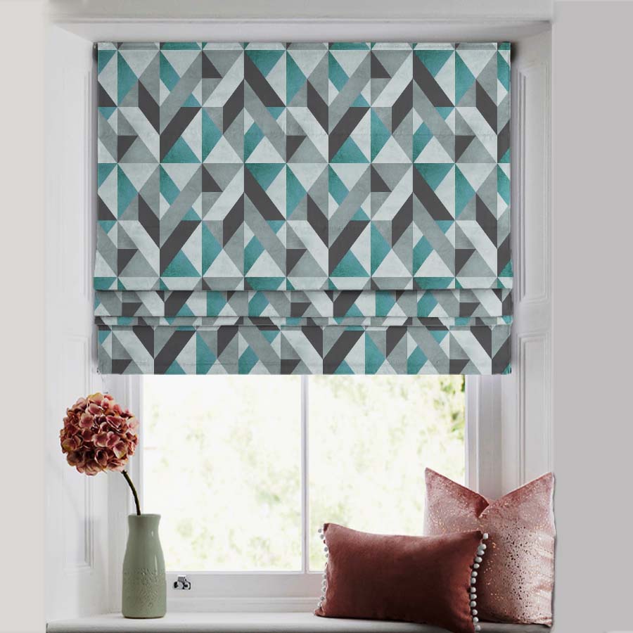 Shape Symphony Geometric Teal Satin Roman Blind (DS416C)