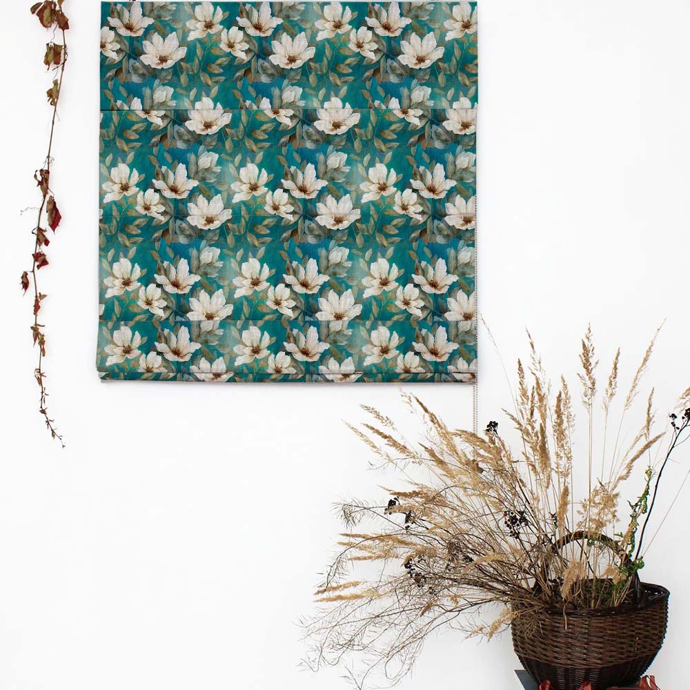 Midnight Garden Floral Turquoise Satin Roman Blind (DS417A)