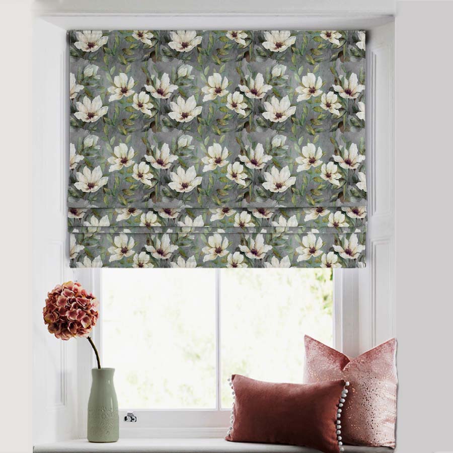 Midnight Garden Floral Smoke Grey Satin Roman Blind (DS417B)